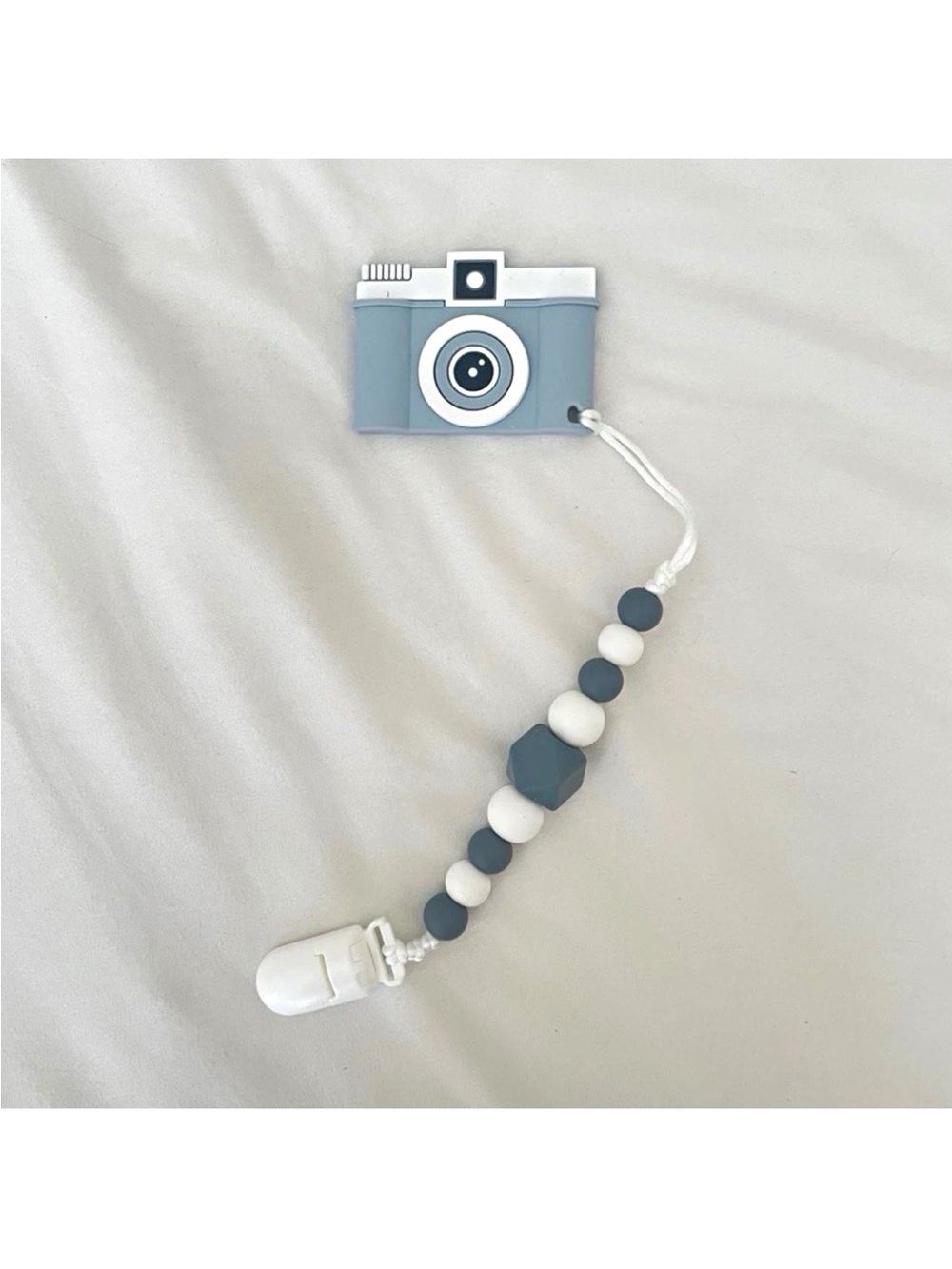 Silicone Camera Teether and Pacifier Clip - Blue & White